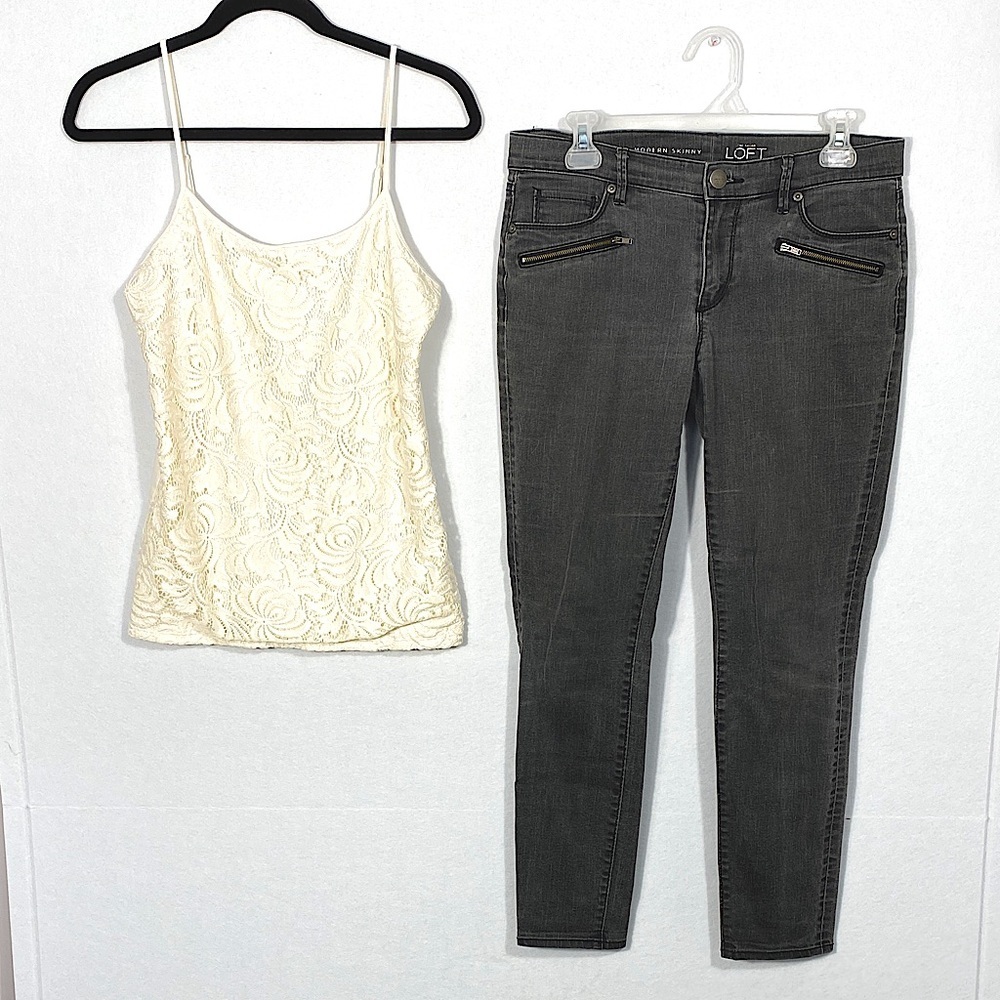 LOFT Bundle Cream Floral Lace Top and Black Denim Jeans